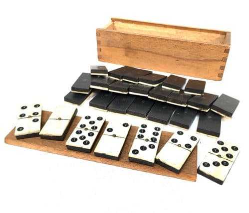 Antique Complete Set of Bone and Ebony Dominos in Wooden Travel Box / Case